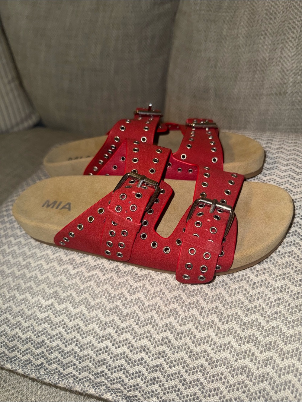 MIA Red Studded Double-Buckle Slide Sandal